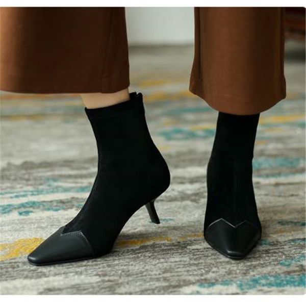 

winter women's shoes imported elastic leather fleece spliced imported coal fired microfiber leather thin heels 210507, Black