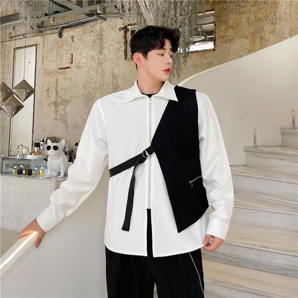 

men' tank half design ribbon metal buckle solid color vest coat male streetwear hip hop motorcycle sleeveless jacket waistcoat, White;black
