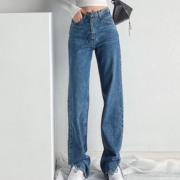 

women straight denim pants split solid high waist girls long jeans trousers wide leg heart embroidery loose casual spring ladies 210518, Blue