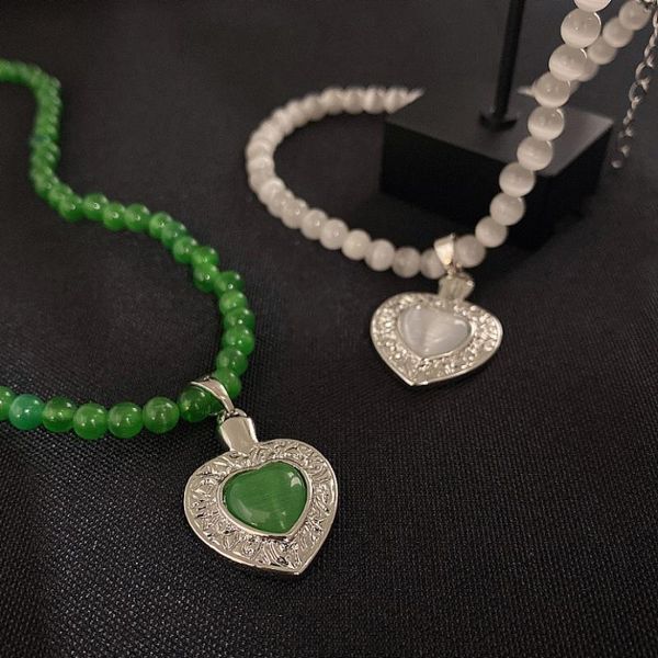 

chains rispada design 2 colors love heart necklace green natural stone white pendant charm jewelry gift girl, Silver