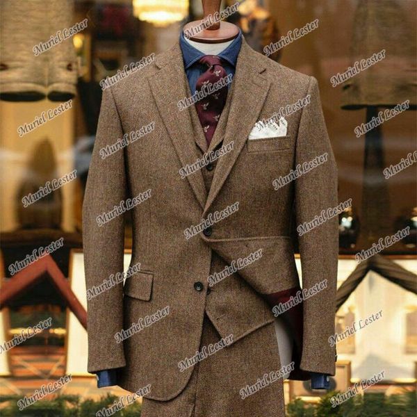 

men's suits & blazers winter tweed wool herringbone men brown thick jacket+vest+pants smoking business wedding tuxedo tailor-made maria, White;black