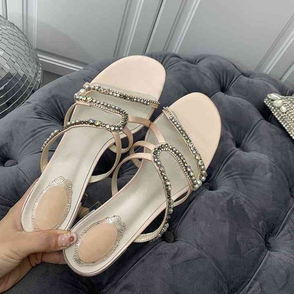 

2021 luxury design rhinestone sandals women open toe crystal pearl chain chunky high heel woman slipper wedding shoes, Black