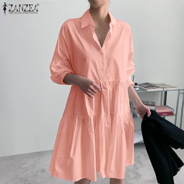 

casual dresses summer ruffle button shirt dress women vintage lapel long puff sleeve sundress solid party vestidos suze robe, Black;gray