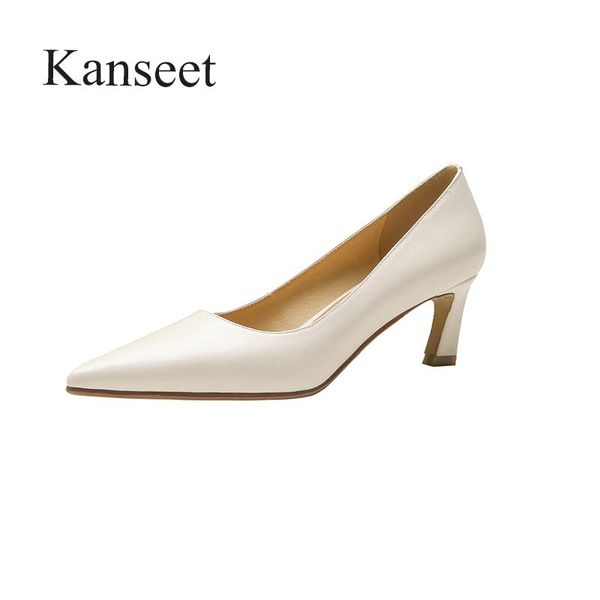 

dress shoes kanseet women spring autumn concise office lady genuine leather thin heel pointed toe handmade shallow high pumps, Black