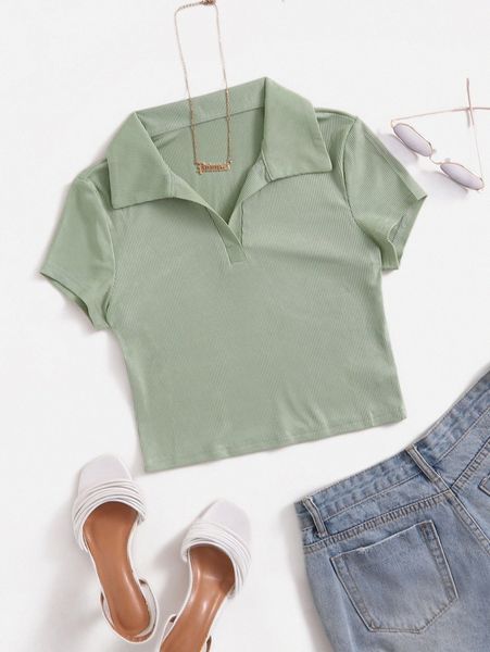 

rib-knit crop solid tee 81cj#, White