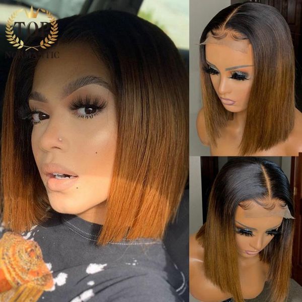 

ormantic straight lace front human hair wigs ombre brown color wig with baby brazilian remy bleached knot, Black;brown