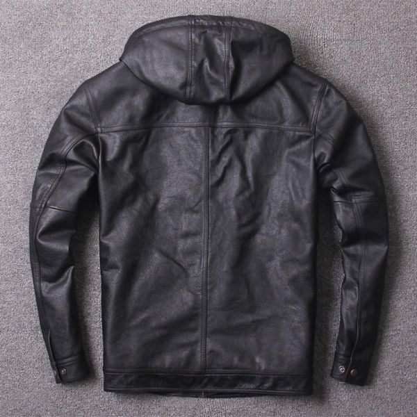 

men's leather & faux hooded men casual cowhide motorcycle jacket autumn winter real slim fit coats male genuine cow coat, Black