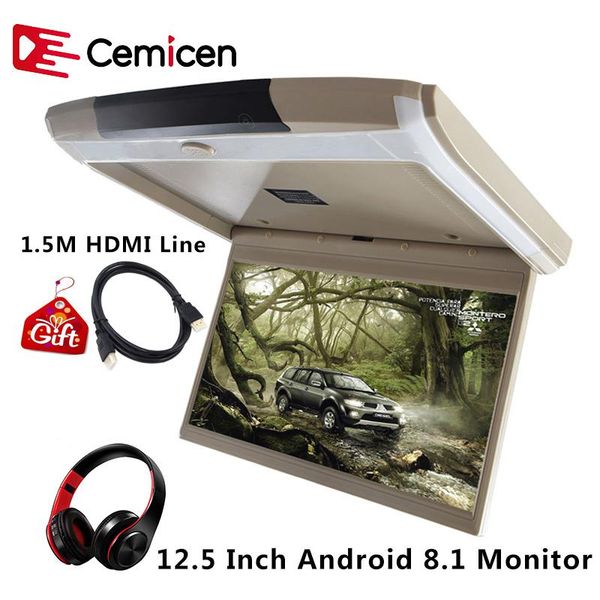 

car video cemicen 12.5 inch android 8.1 monitor ceiling mount roof 1080p ips screen wifi/hdmi/usb/sd/fm/bluetooth/speaker/game