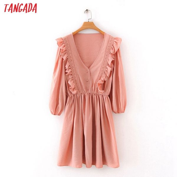 

summer women solid lace patchwork ruffles v neck ladies mini dress vestidos 5x20 210416, Black;gray