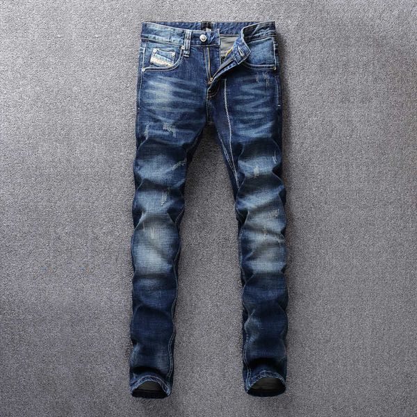 

men's jeans ly designer fashion men retro blue slim fit ripped denim pants streetwear vintage cotton long trousers vczk 12nt