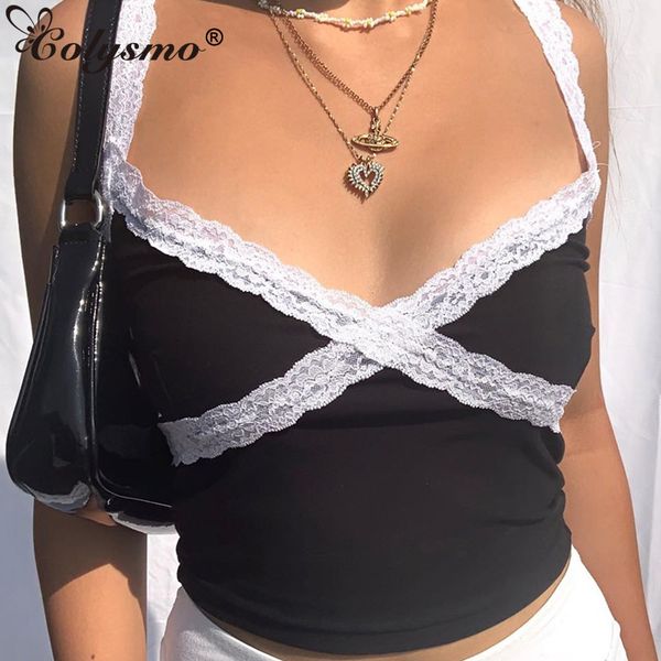 

newasia black crop women lace spaghetti straps cropped backless short summer slim fit casual streetwear new 210413, White