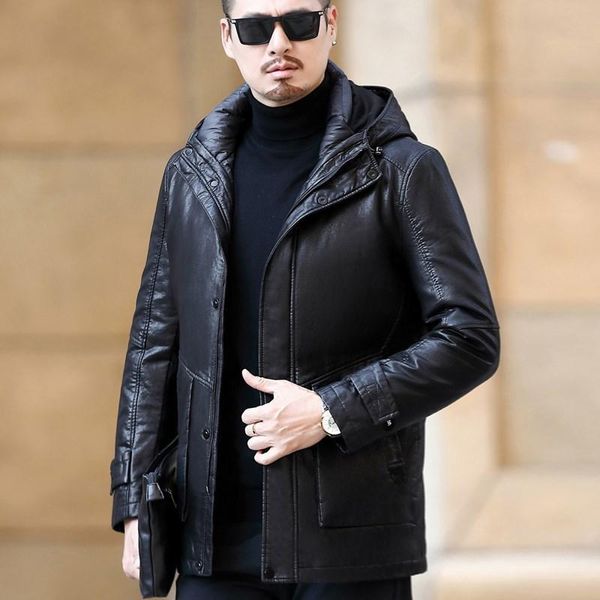 

winter 2021 middle aged men's haining genuine leather sheepskin coat large thickened down jacket & faux, Black