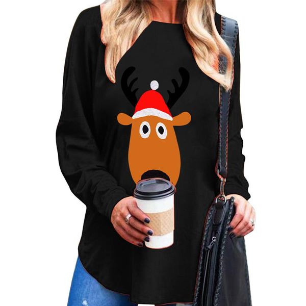 

women's t-shirt autumn women tee shirts plus size round collar long sleeve mid-length christmas print casual irrgular clothing, White