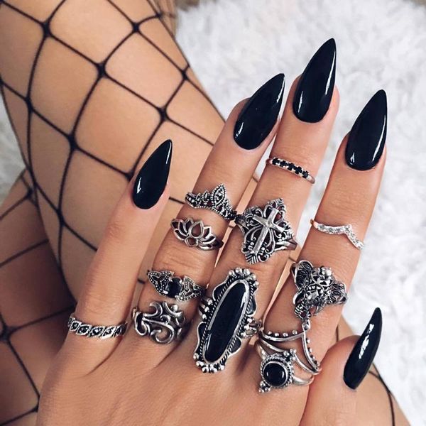 

cluster rings boho crystal elephant crown cross flower black stone finger ring for women vintage knuckle sets female fashion jewelry1, Golden;silver