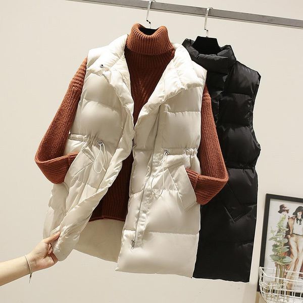 

women's vests 2021 cotton vest women casual plus size thick down zipper beige black waistcoat winter warm sleeveless jacket, Black;white