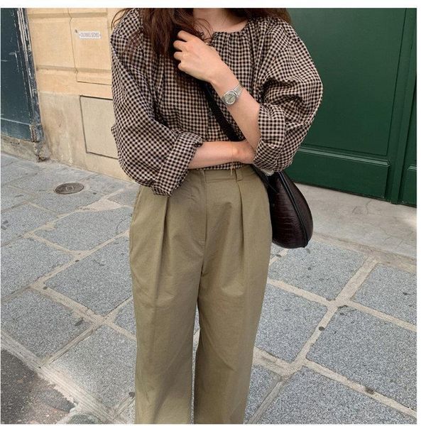 

womens shirt gentle plaid vintage elegance sweet chic feminine casual v neck brief cute women all match stylish blouses, White