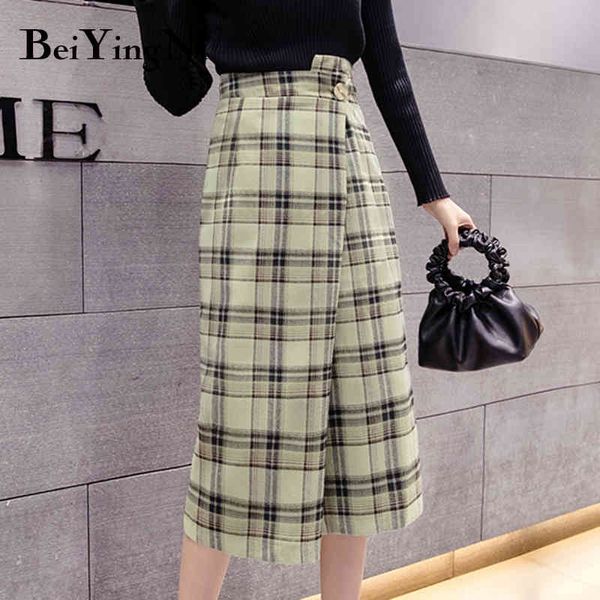 Beiyingni Frauen Wrap Rock Midi Tasten Woolen Unregelmäßige Vintage Plaid Freizeit Hohe Taille Röcke Damen Herbst Winter Falda 210416