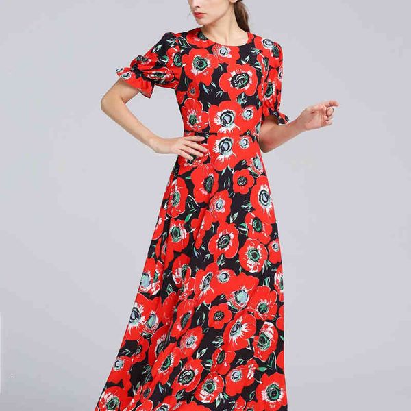 

female runway summer boho waist high-neck floral printing holiday maxi dress black party, Black;gray