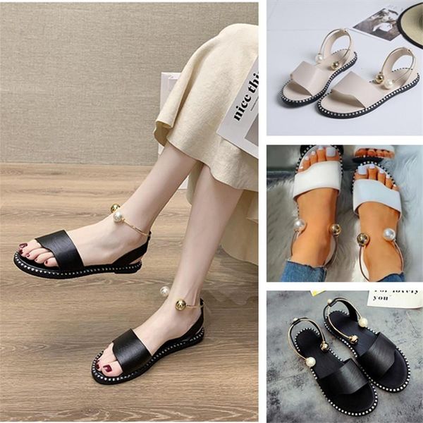 

sandals 2021 summer women's style plus size outer fish mouth flip-flop fashion pearl buckle design flat casual personality, Black