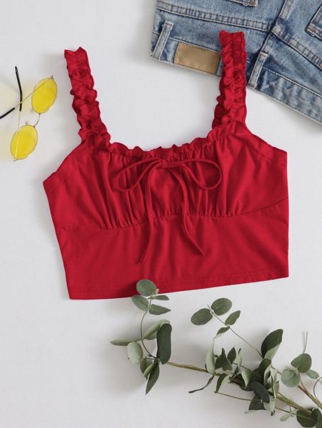 

frill trim tie front ruched bust 75qe#, White