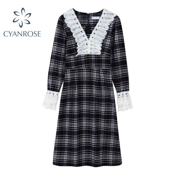 Abiti da design del collo a maglia a V Donne Donne Plaid Rioganti abiti eleganti in vita alta Elegante manica lunghe coreana INS ASSESSO MUJER 210417