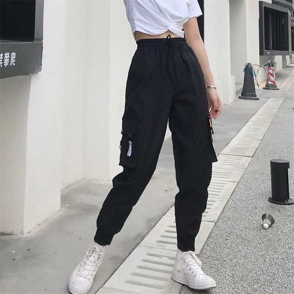 

big pockets cargo pants women high waist loose streetwear pants baggy tactical trouser hip hop joggers pants 211112, Black;white