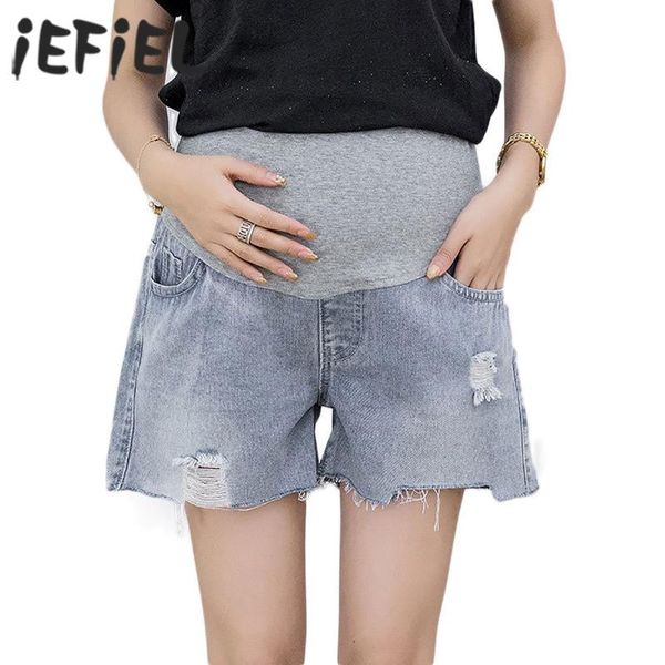 

denim shorts for pregnant women summer maternity adjustable high waist support belt jeans pockets pants pregnancy clothing bottoms, White