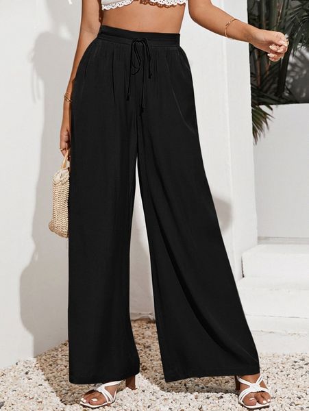 

solid wide leg tie front pants c0rr#, Black;white