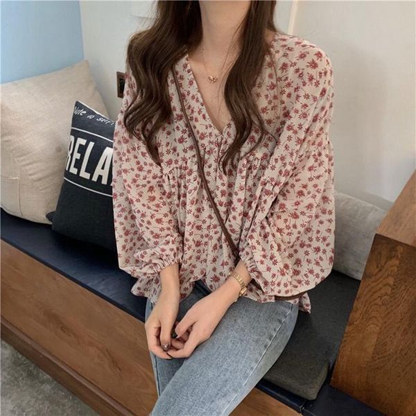 

women's blouses & shirts v-neck chiffon shirt women sweet blouse 2021 spring korean floral print long sleeve casual loose slim lady cl, White