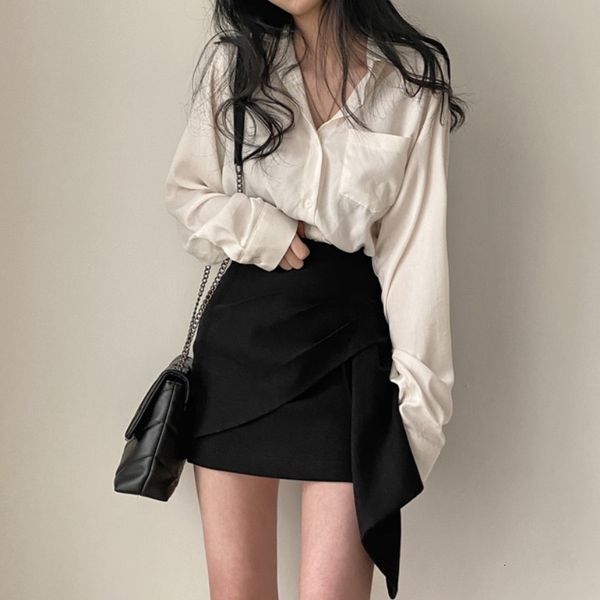

two piece dress office lady 2 sets long sleeve single breasted shirt and high waist irregular hem skirt casual outfits elegant, White