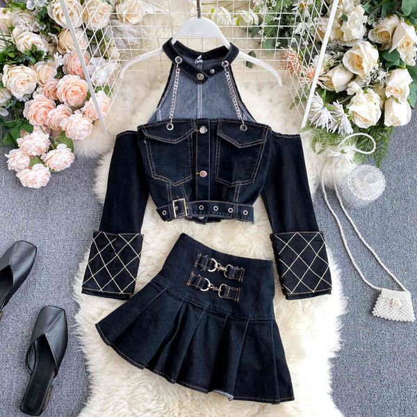 

two piece dress summer vintage long sleeve strapless chain halter hollow out denim short mini skirt set women dcv1, White