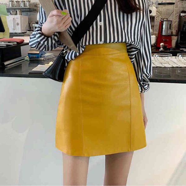 

skirts autumn high-waisted pu leather yellow a-line hip pack short hodo, Black