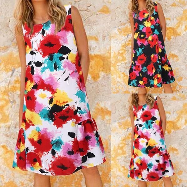 

casual dresses women's summer tie-dye print long dress sleeveless ruffle hem loose o-neck maxi beach short 3.29, Black;gray