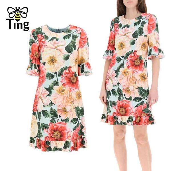 

summer designer fashion flower print flare short sleeve women party dresses mini casual chic dress elbise clothes 210513, Black;gray