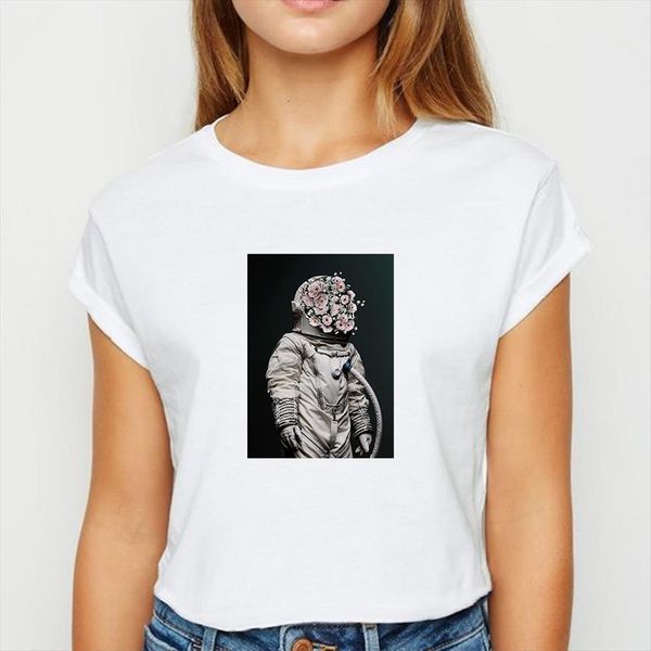 

flower astronaut oversize spring womens summer tee printing ropa mujer round neck shirts, White