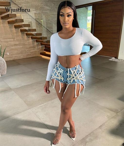 

women's shorts wjustforu hole bandage denim high waist blue jeans fashion jean summer clothes for women tassel ripped, White;black