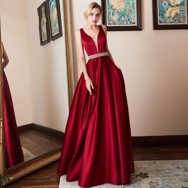 

party dresses burgundy purple prom dress satin a line long 2021 v neck backless formal evening crystal belt maid of honor gowns, White;black