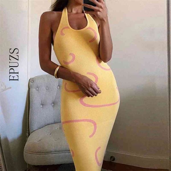 Сексуальные трикотажные Bodycon Maxi платье женщин без рукавов Бец платье Halter шеи лето желтые платья без спинки 210521