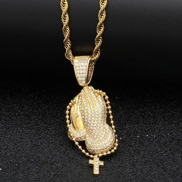 

pendant necklaces hip hop mens necklace hand holding rosary cross prayer micro-inlay zircon personality rap nightclub jewelry accessories, Silver