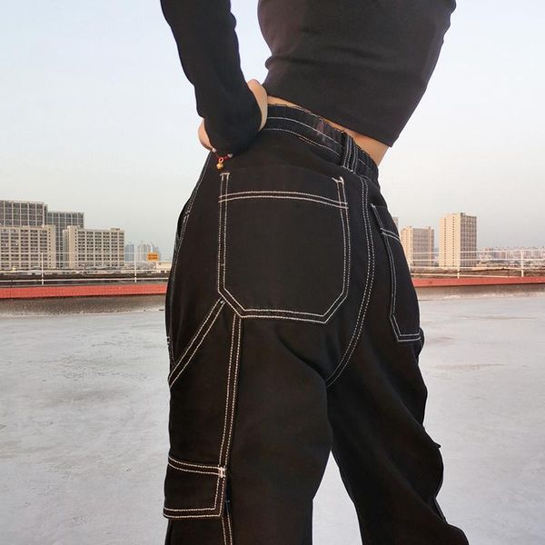 

women's jeans weekeep pockets patchwork baggy fashion streetwear 100% cotton women denim trouser loose cargo pants korean harajuku, Blue