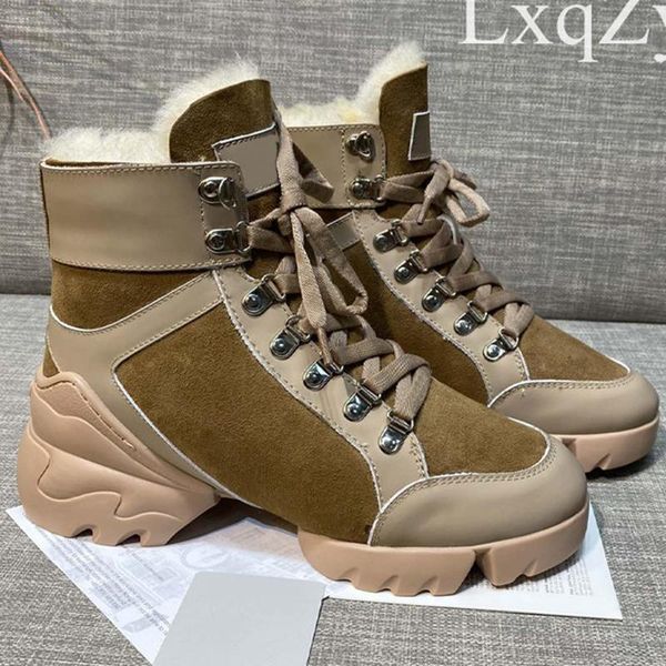

boots woman suede fur lace up thick sole female brand ankle fashion platform snow casual winter wool shoes, Black