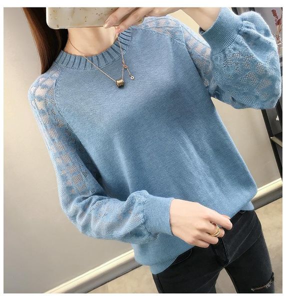 

women's sweaters 2021 solid lace sleeve sweater autumn warm pullover loose knit bottomed round neck long top, White;black