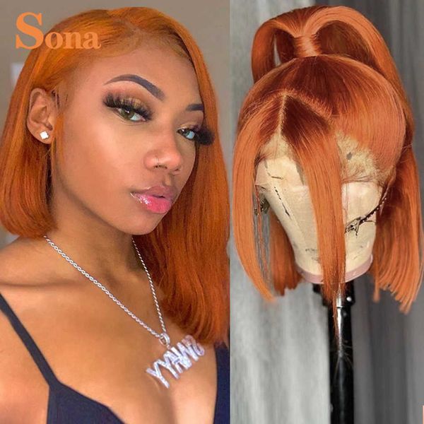 

Ginger Short Orange Bob Front Wigs Colored Highlight Lace Frontal Brazilian Ombre Red Human Hair Wig for Women Closure S0826 al, Ombre color