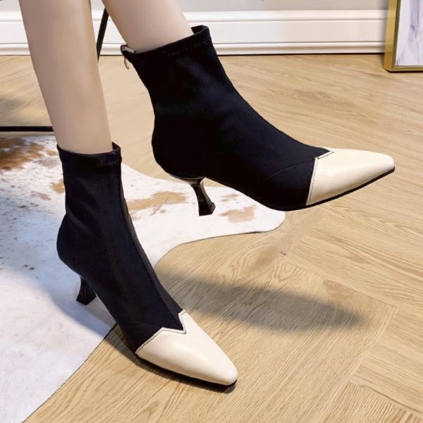 

boots brand design women bootsfashion buckle decor ankle elastic knitting fabric soft comfort socks shoes lady party heels, Black