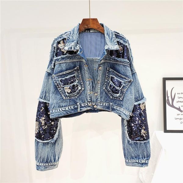 

women's jackets autumn fashion heavy sequins frayed short denim jacket women loose jeans female student streetwear ripped jean coats, Black;brown