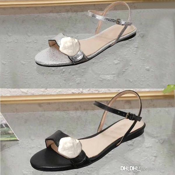 

classic lady sandals 100% leather flat shoe bottom beach belt buckle metal women shoes black soft cowhide designer woman loafers large size