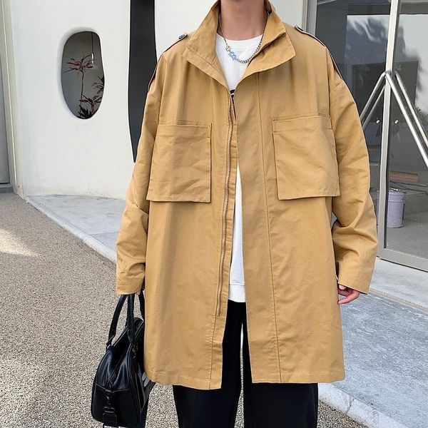 

men's trench coats autumn khaki black coat men fashion casual long korean loose oversized windbreaker jacket mens overcoat outwear, Tan;black