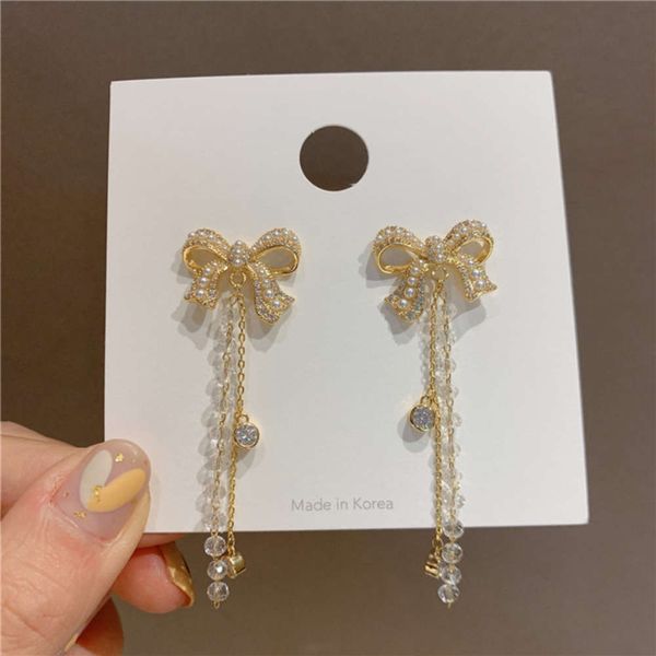 

dongdamen pearl tassel bowknot 925 silver needle decorated face crystal earrings women's long style, Black