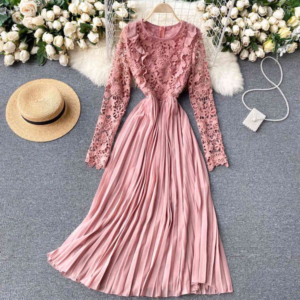 

dresses women french pleated sweet patchwork hollow lace long sleeve a-line spring chic streetwear midi es, Black;gray