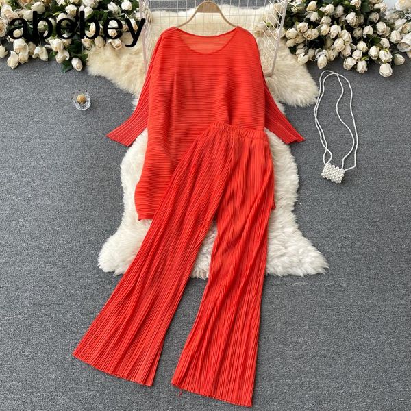 

women's two piece pants women spring fashion korean set long sleeve o neck casual loose +high waist wide leg suits, White